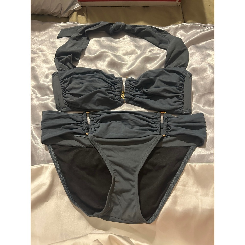 Victorias Secret Gray Ruched Halter Bandeau Bikini Set Gold Hardware Womens M - Picture 1 of 7